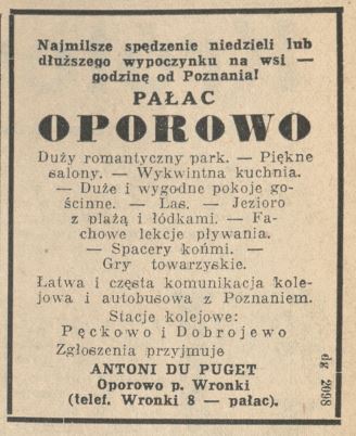 Oporowo ogłoszenie Antoni Puget w Kurierze Poznańskim z 7 czerwca 1936 roku