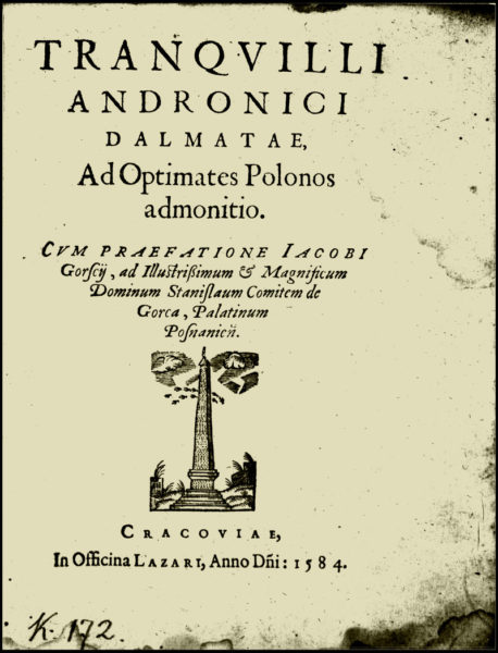 Strona tytułowa „Ad optimates Polonos admonition” z 1545 roku dostępna w wersji cyfrowej na platformie Wielkopolskiej Biblioteki Cyfrowej, materiały udostępnione przez autora
