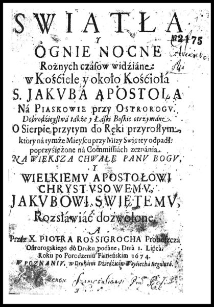 Okładka książki "Światła i ognie nocne" P. Rossigroach 1674, fot. Polona