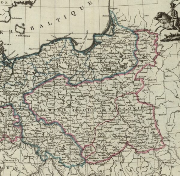 Księstwo Warszawskie na francuskiej mapie z 1812 roku. Domena publiczna