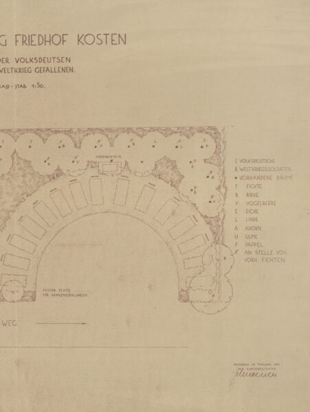 Fragment planu z okresu okupacji przedstawiający miejsce przewidziane do składania kwiatów. Fot. Archiwum Państwowe