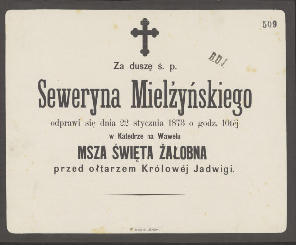 Nekrolog informujący o mszy za Seweryna Mielżyńskiego na Wawelu, fot. Polona