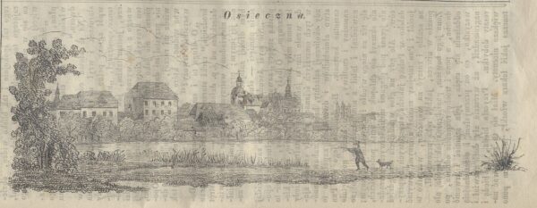 Panorama Osiecznej z widocznym zamkiem, Przyjaciel Ludu, nr 37, 14.03.1840, fot. Polona